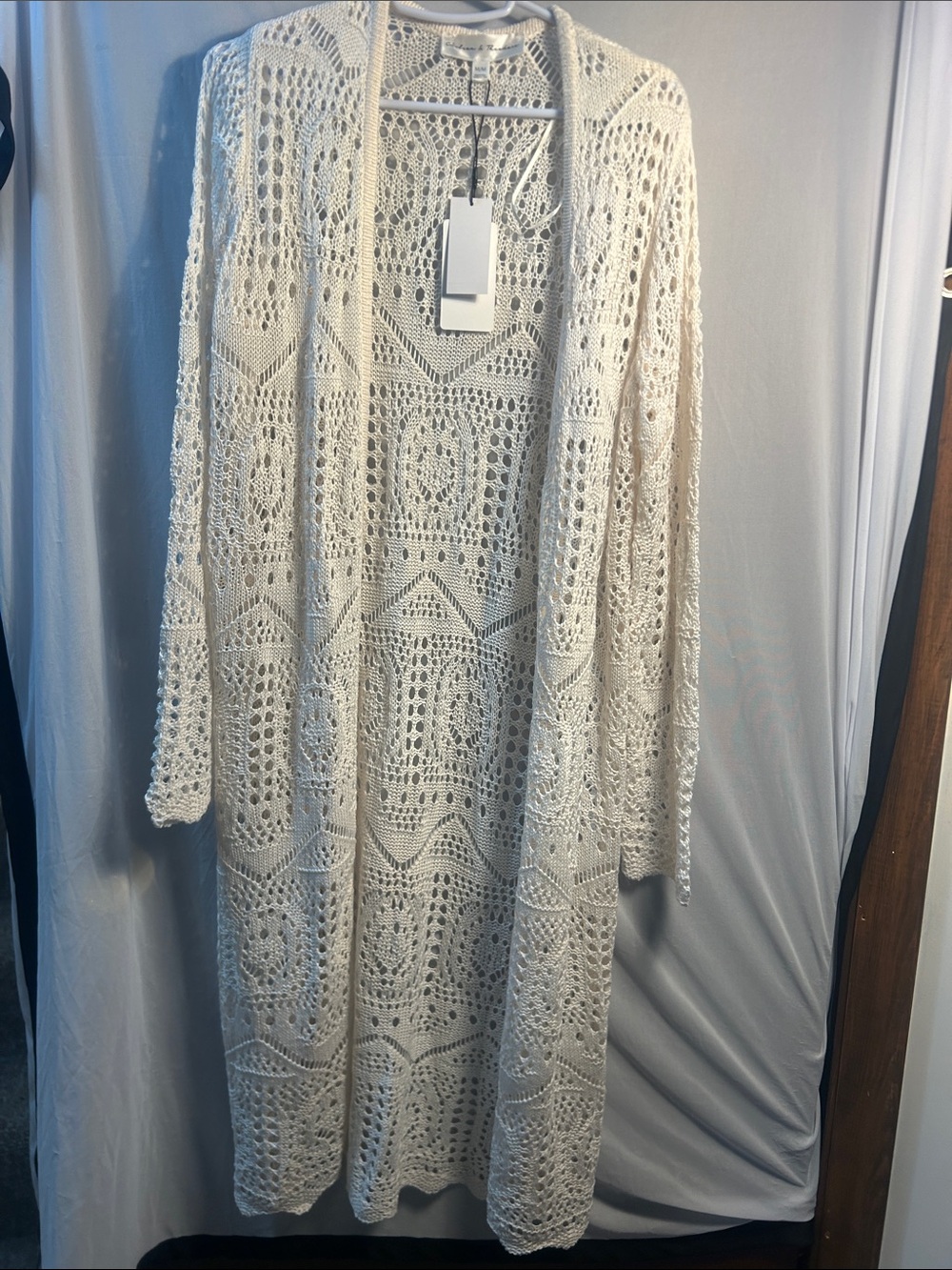 Chelsea & Theodore Cream Crochet Open-Front Longline Cardigan
